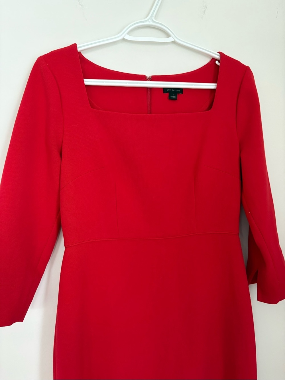 Ann Taylor Red Square-Neck Lace Hem 3/4 Sleeve Sheath Dress Size 0 - Picture 6 of 8